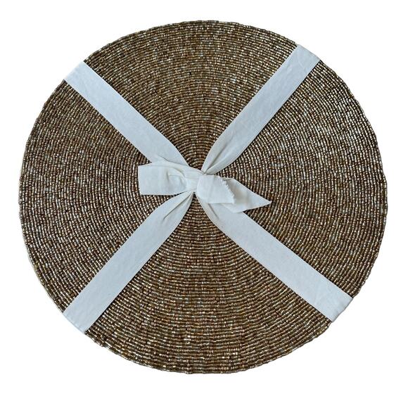 RACHEL ZOE Metallic GOLD Glass Beaded Charger Placemats 14" Round Set of 2 NEW - Picture 10 of 10